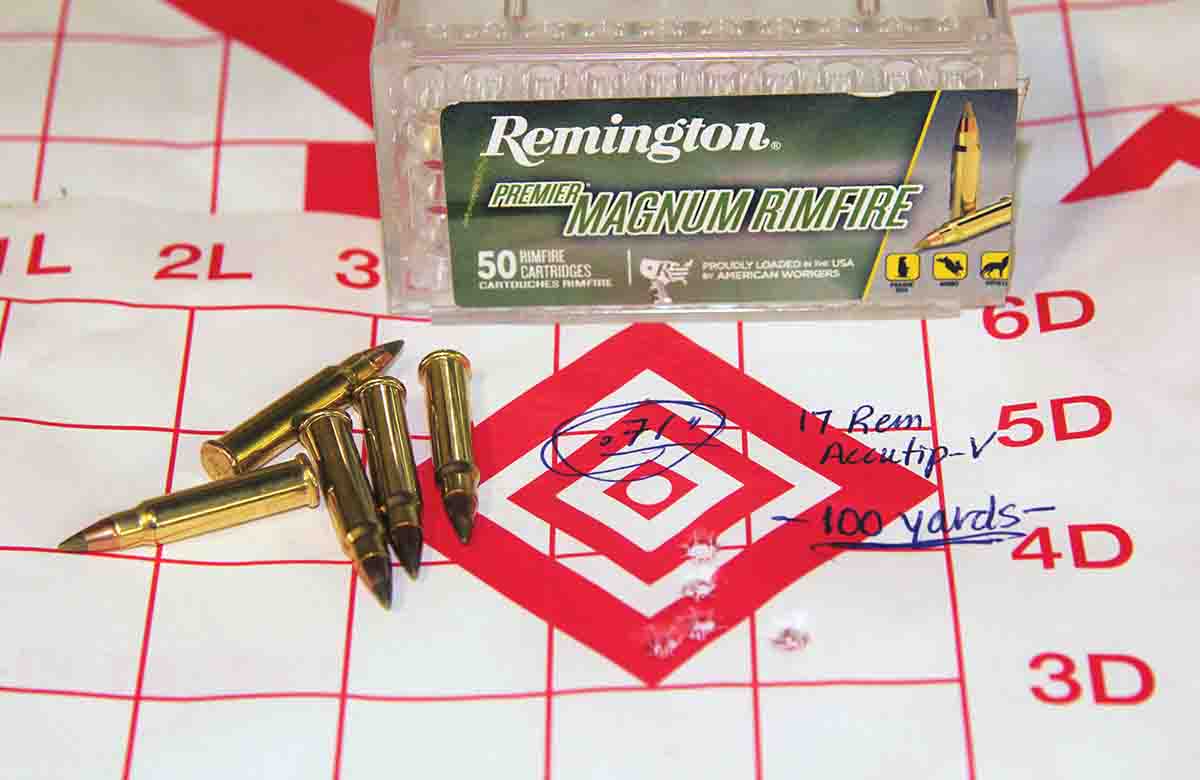 The best 17 HMR group of the test resulted from Remington Premier Magnum Rimfire AccuTip-V BT ammunition. That group measured .71 inch at 2,703 fps.